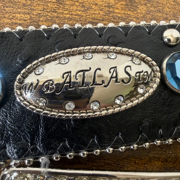 ATLAS Rhinestone Western Bling Belt Size 30-35 Black Embellished Silver Buckle - Picture 2 of 16